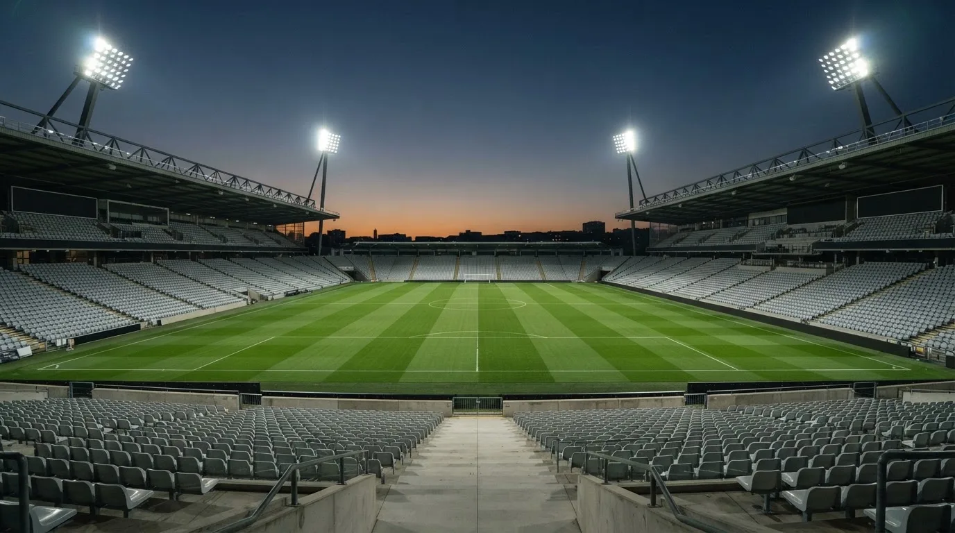 Een leeg voetbalstadion met lichtmasten bij schemering