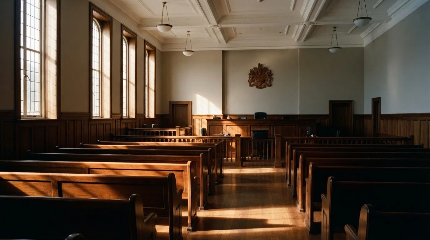 Een lege rechtszaal met houten banken in het ochtendlicht