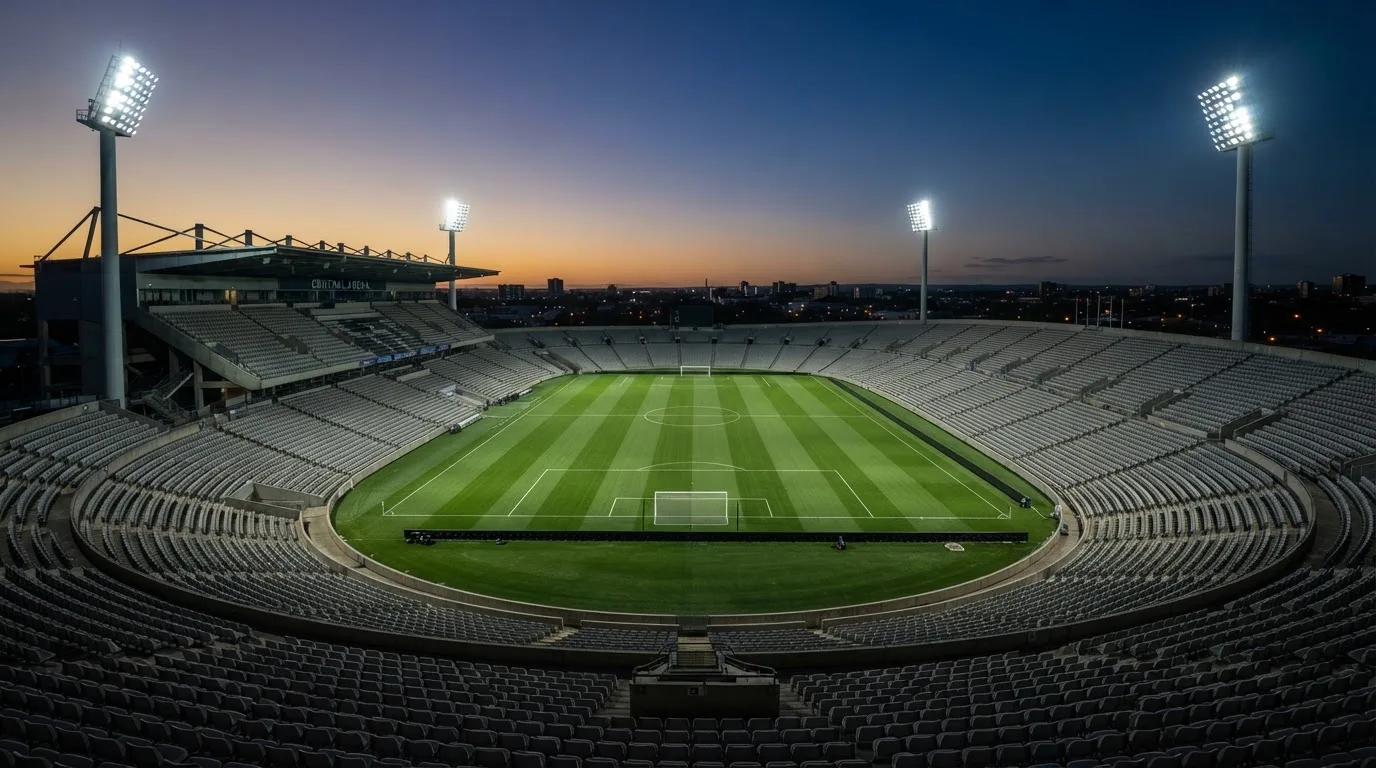 Een leeg voetbalstadion met lichtmasten bij schemering