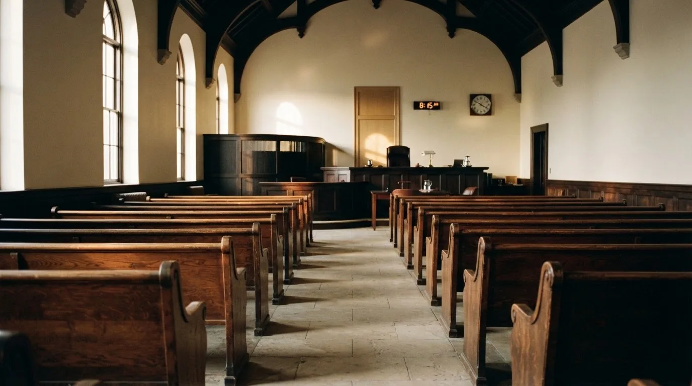 Een lege rechtszaal met houten banken in het ochtendlicht