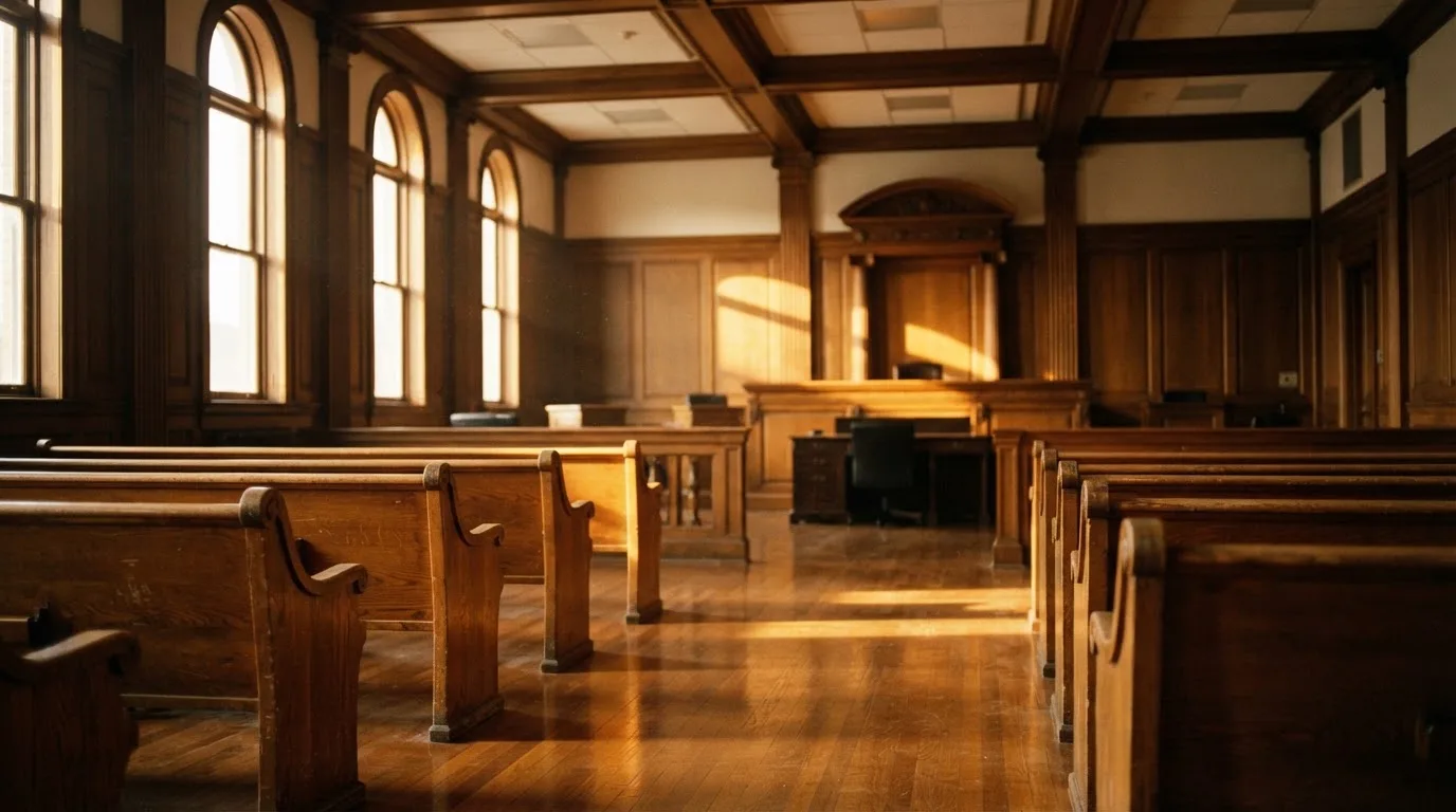 Een lege rechtszaal met houten banken in het ochtendlicht