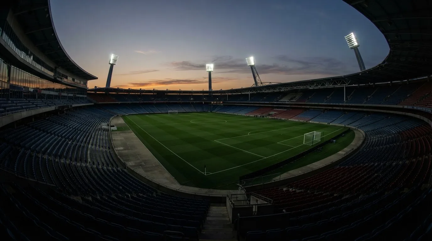 Een leeg voetbalstadion met lichtmasten bij schemering