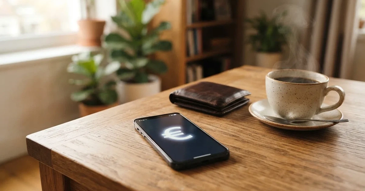 Een smartphone op een houten tafel naast een portemonnee en een kopje koffie