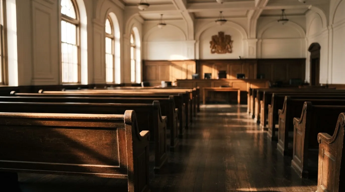 Een lege rechtszaal met houten banken in het ochtendlicht