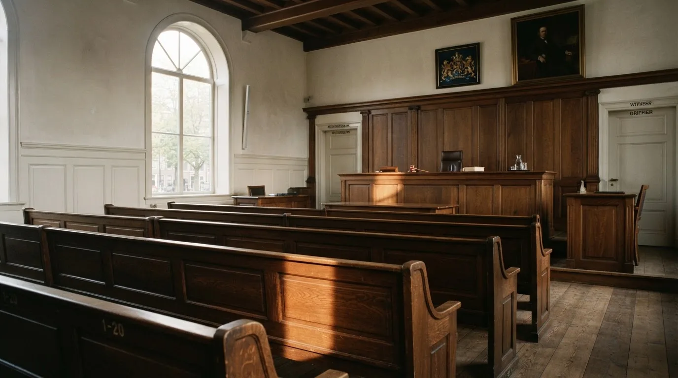 Een lege rechtszaal met houten banken in het ochtendlicht