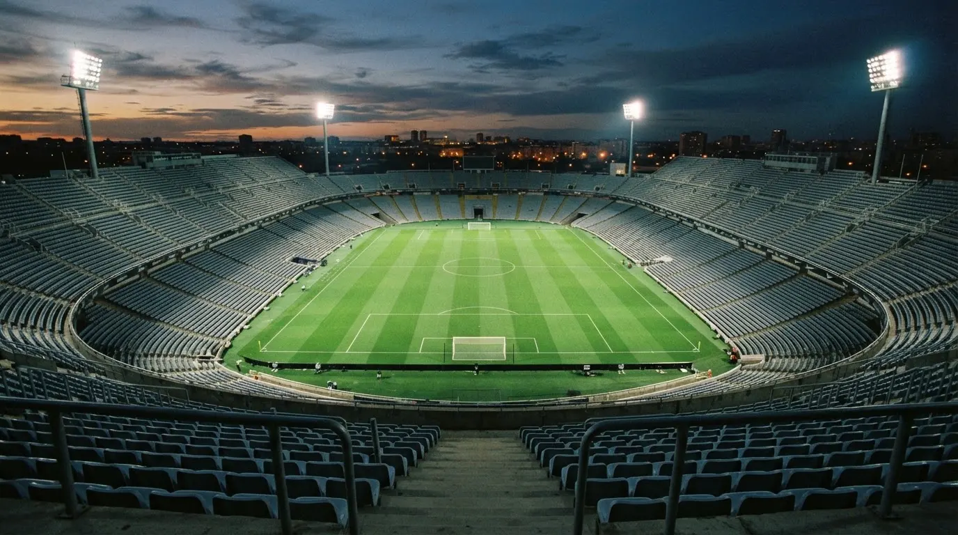 Een leeg voetbalstadion met lichtmasten bij schemering