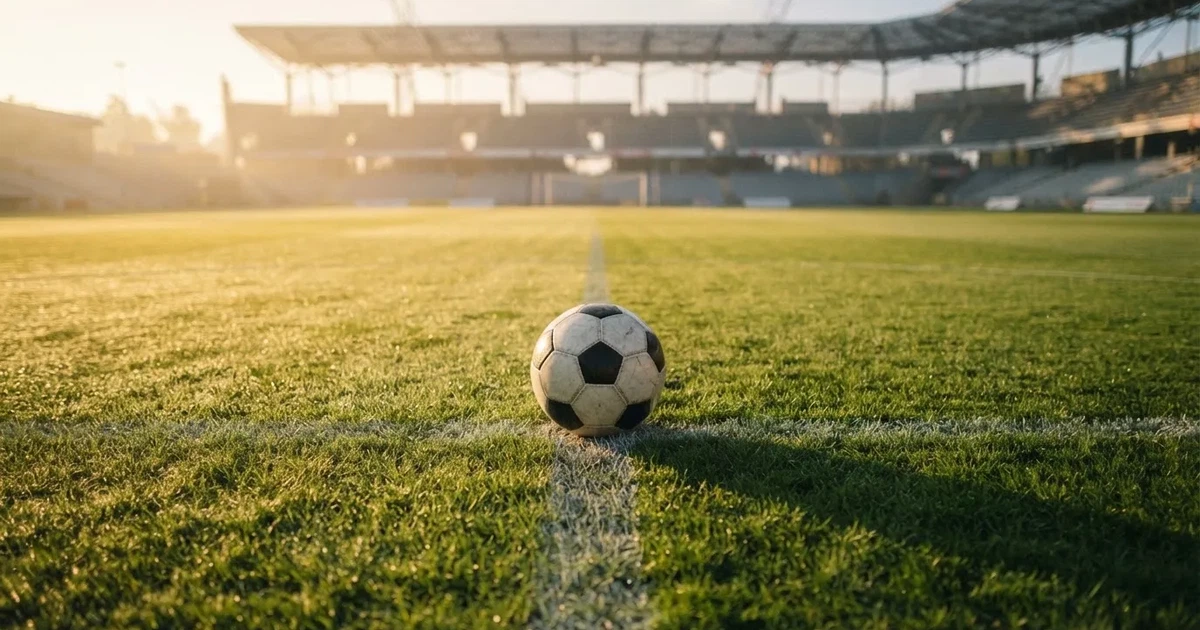 Een voetbal op de middenstip van een grasveld in het ochtendlicht