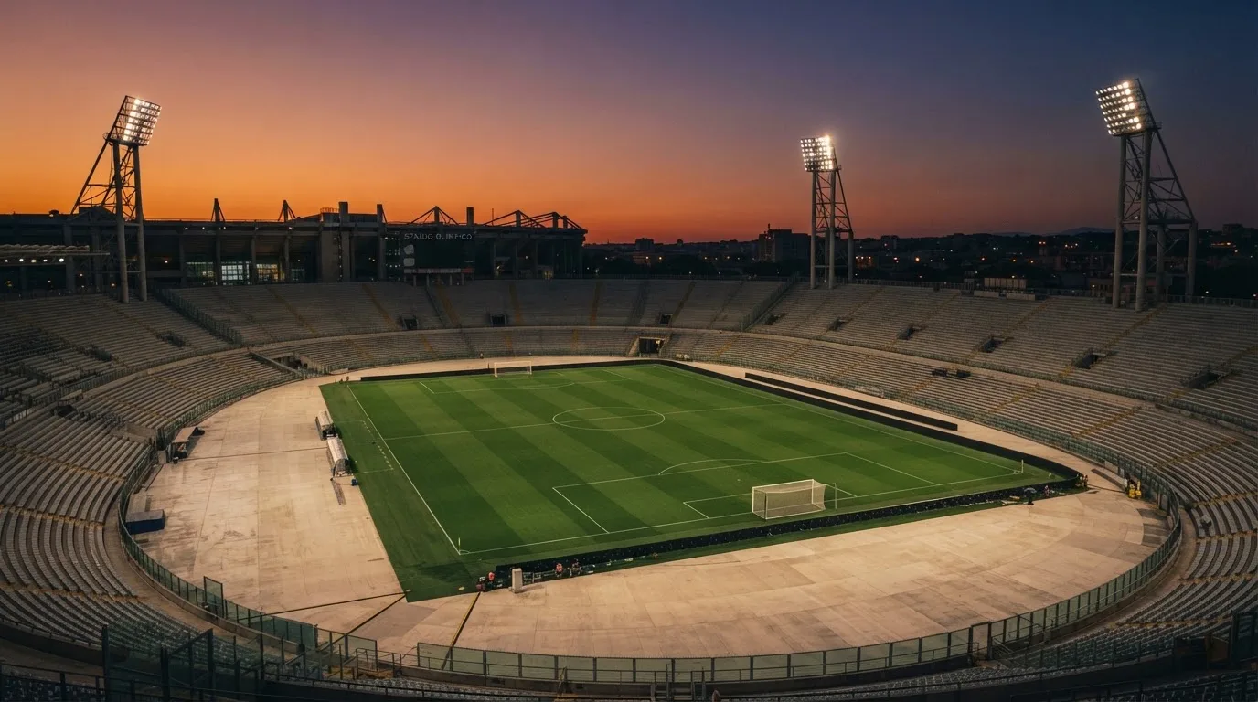 Een leeg voetbalstadion met lichtmasten bij schemering