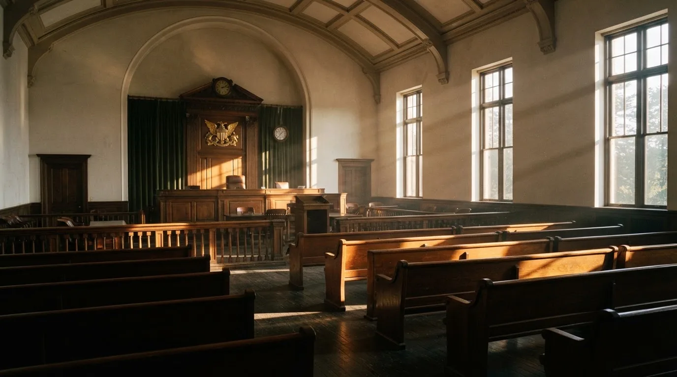 Een lege rechtszaal met houten banken in het ochtendlicht