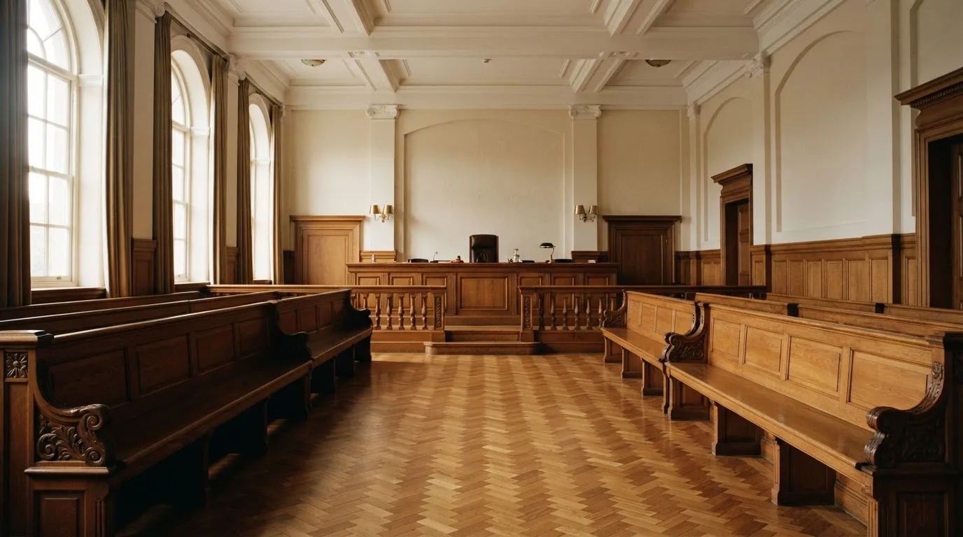 Een lege rechtszaal met houten banken in het ochtendlicht