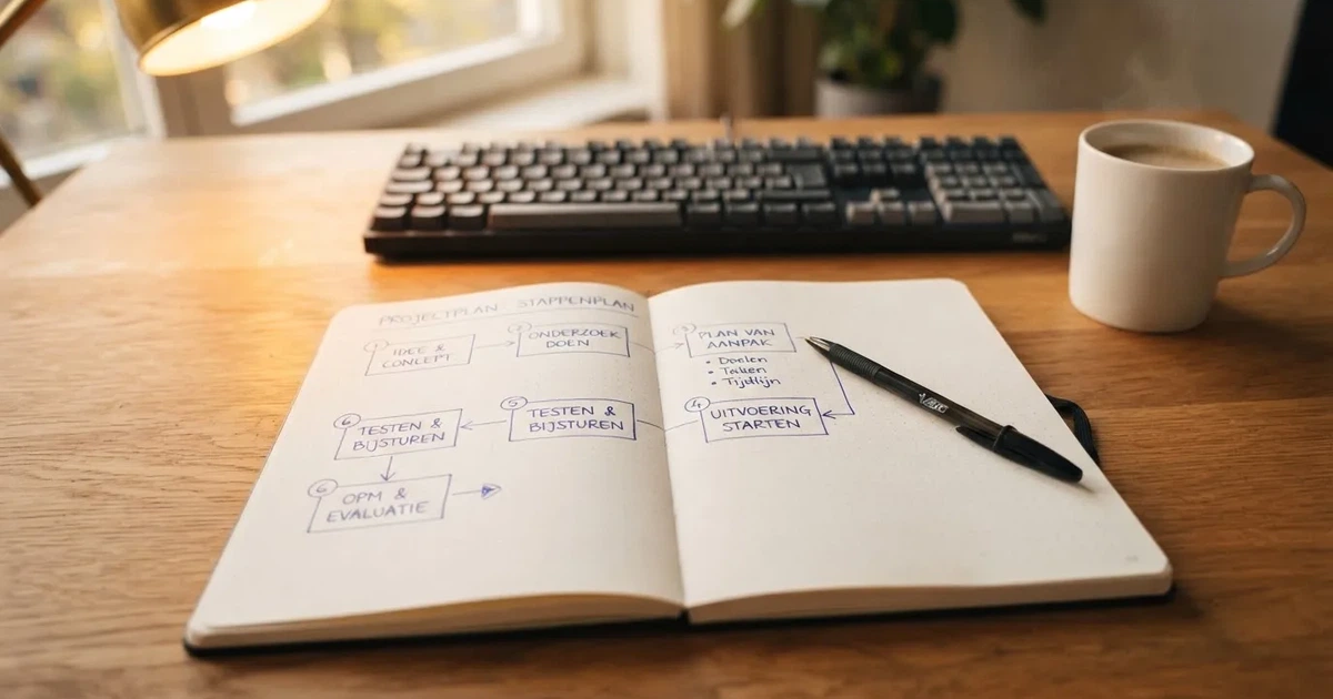 Een notitieblok met een met de hand getekend stappenplan naast een toetsenbord