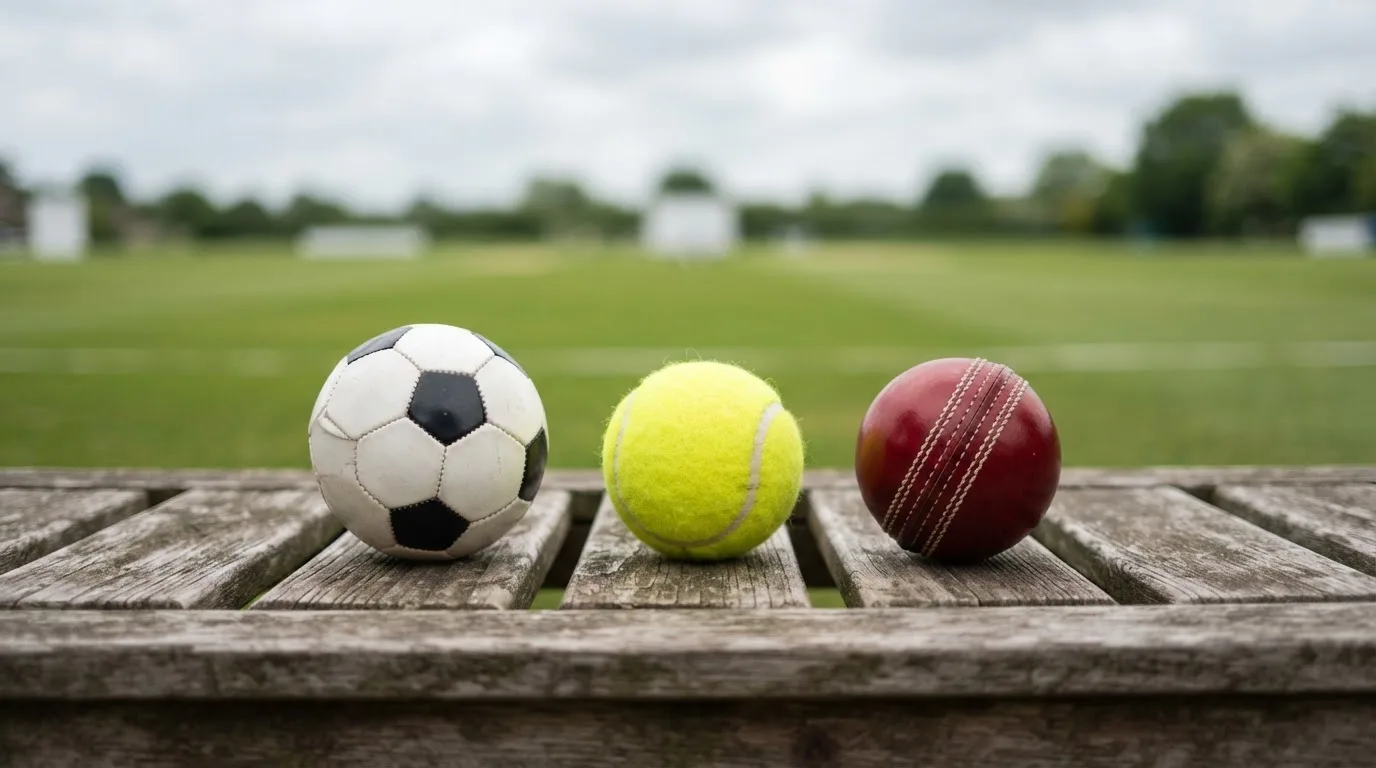Drie ballen van verschillende soorten naast elkaar op een houten bank