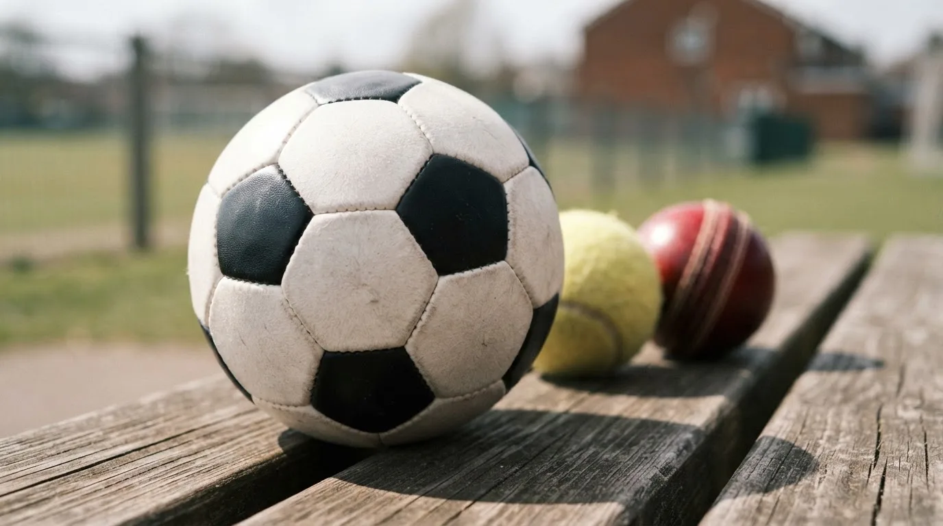Drie ballen van verschillende soorten naast elkaar op een houten bank