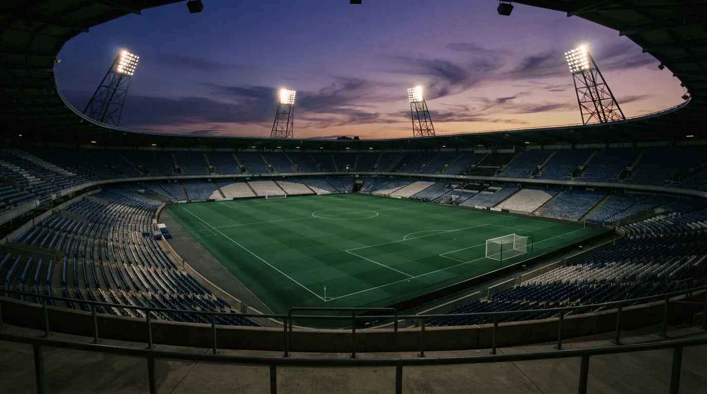 Een leeg voetbalstadion met lichtmasten bij schemering
