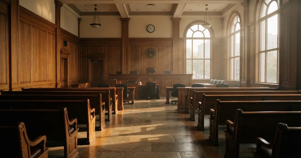Een lege rechtszaal met houten banken in het ochtendlicht