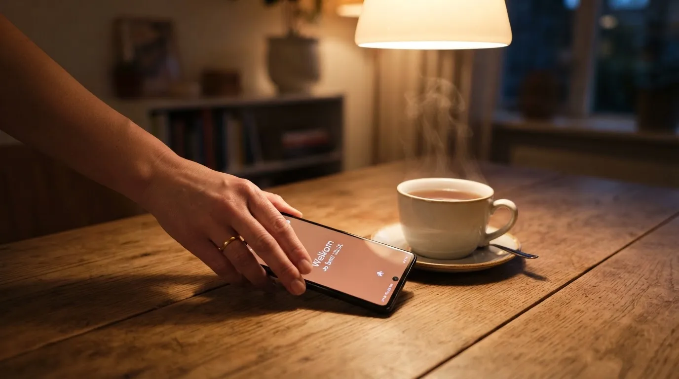 Een hand legt een smartphone naast een kopje thee op een keukentafel, een rustige avond