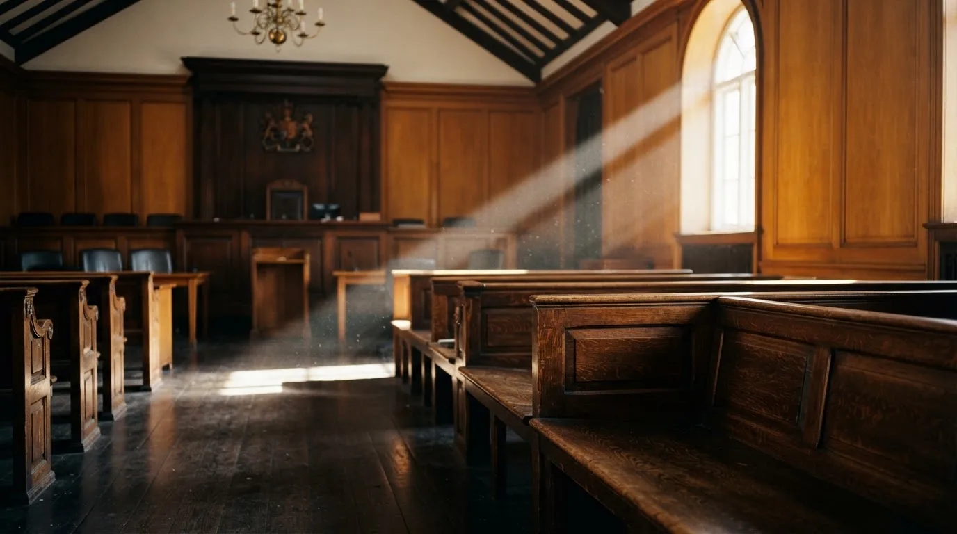 Een lege rechtszaal met houten banken in het ochtendlicht