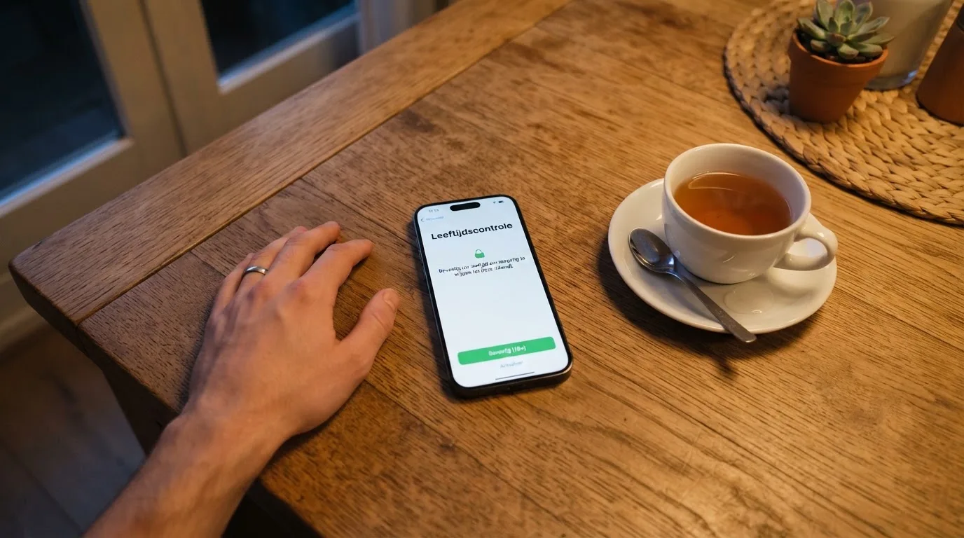 Een hand legt een smartphone naast een kopje thee op een keukentafel, een rustige avond