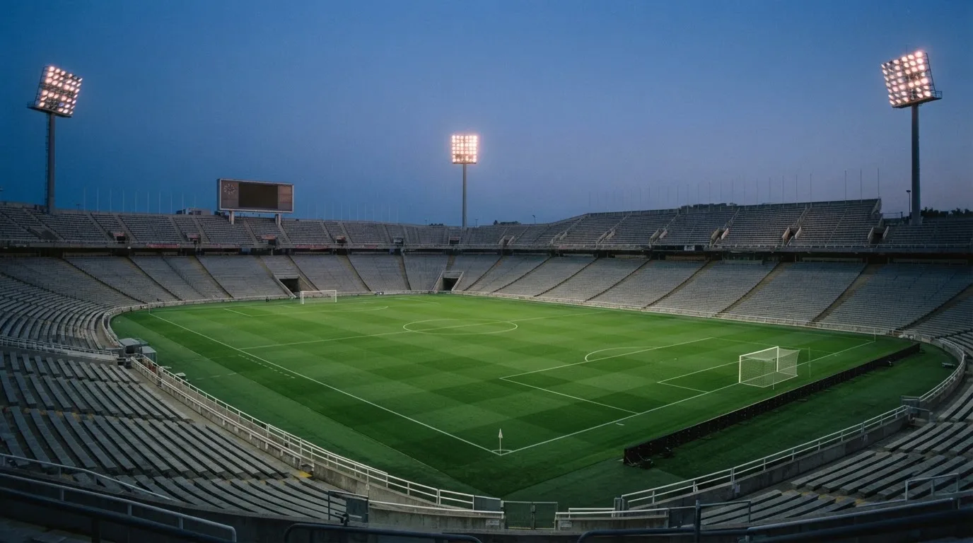 Een leeg voetbalstadion met lichtmasten bij schemering