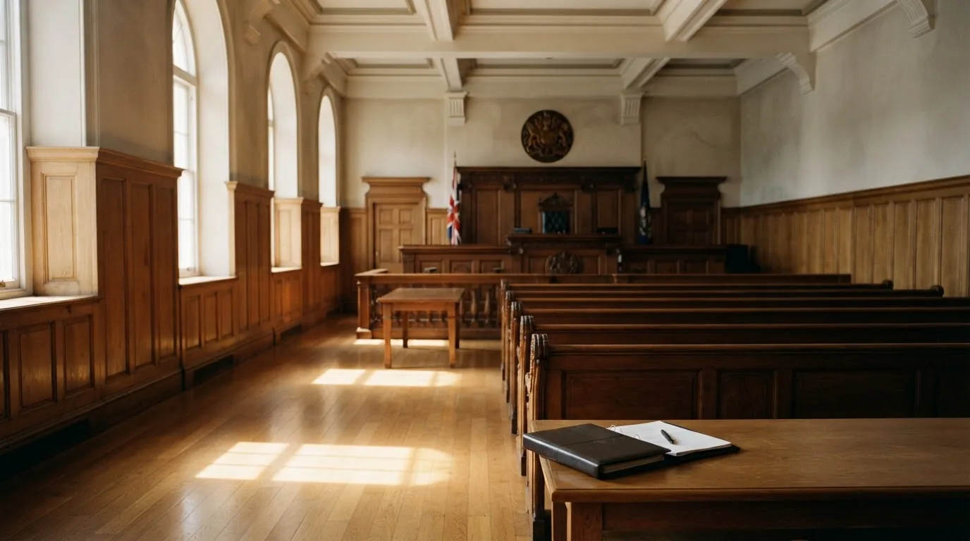 Een lege rechtszaal met houten banken in het ochtendlicht