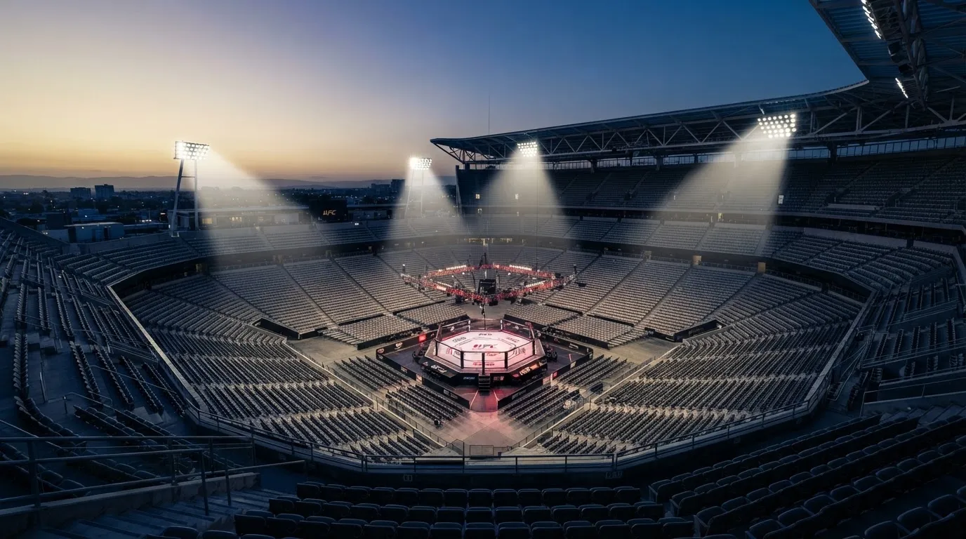 Een leeg voetbalstadion met lichtmasten bij schemering