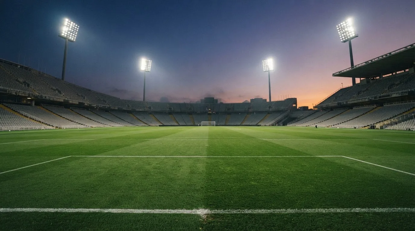 Een leeg voetbalstadion met lichtmasten bij schemering