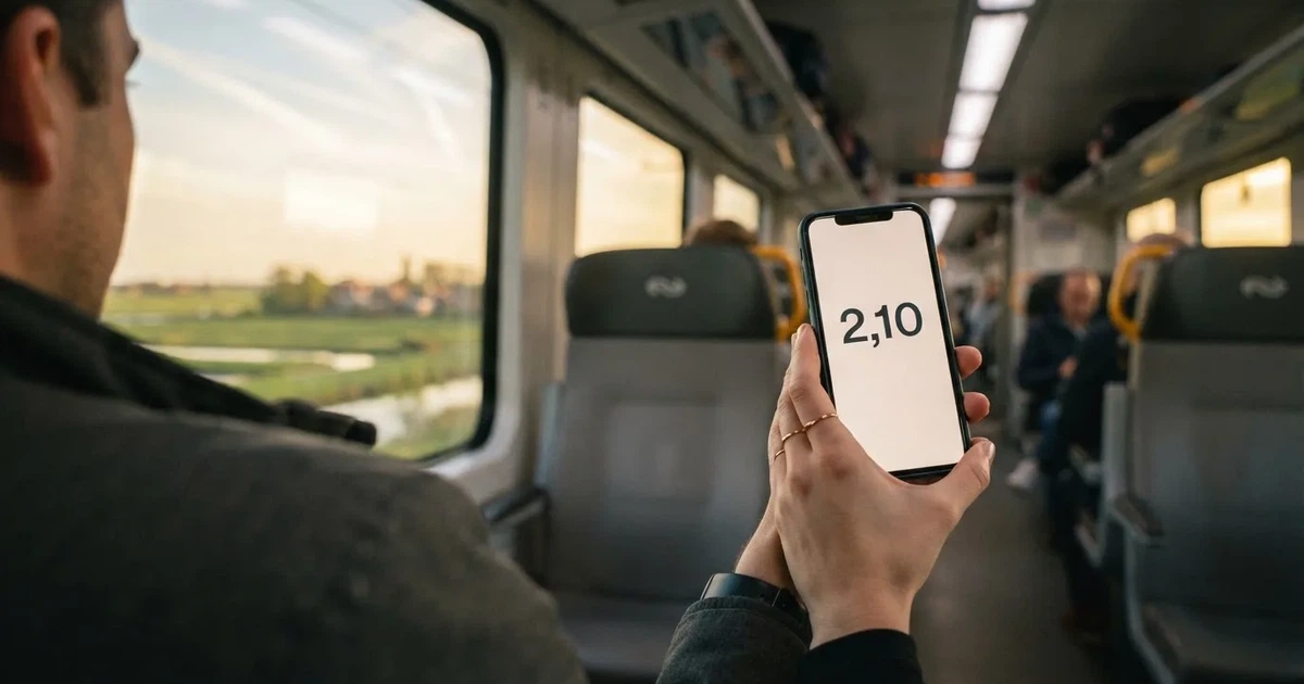 Een hand houdt een smartphone vast in de trein, het scherm van de camera afgewend