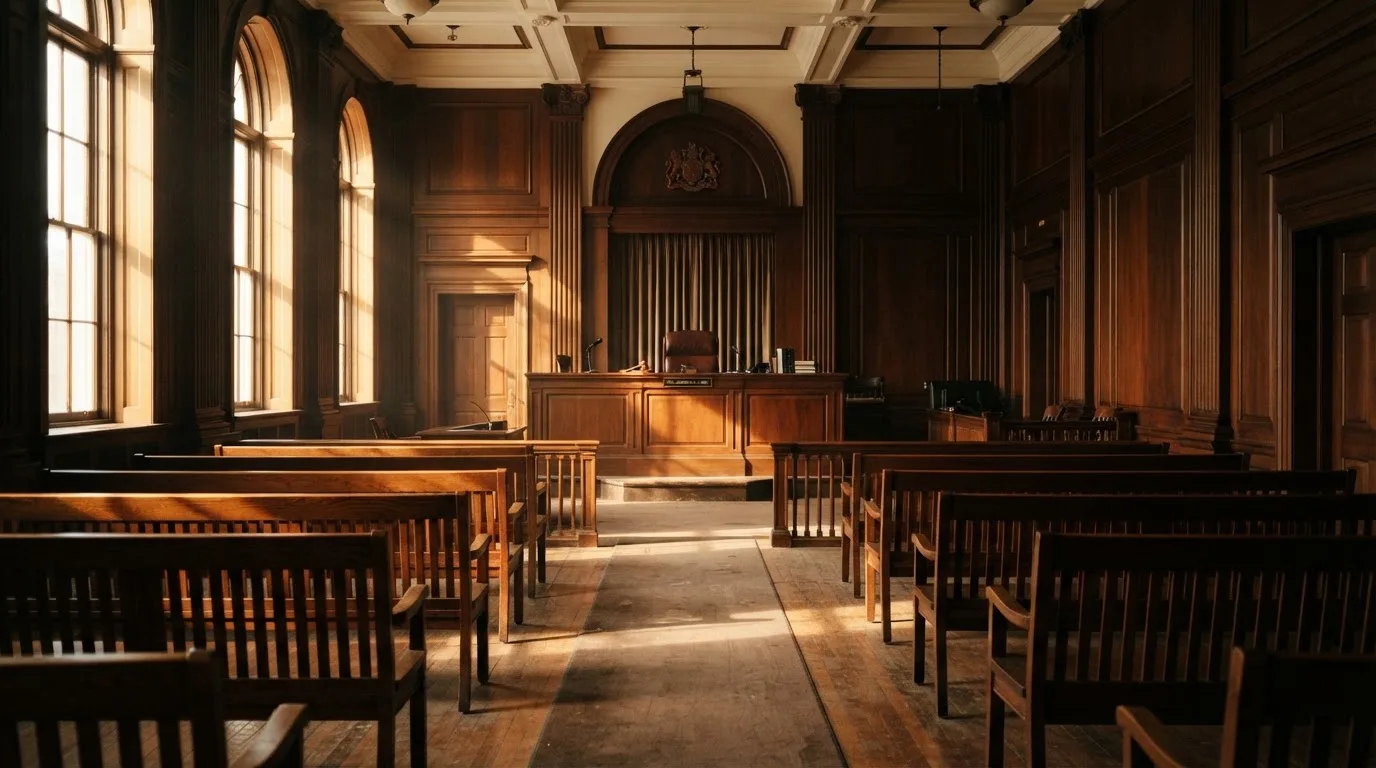 Een lege rechtszaal met houten banken in het ochtendlicht
