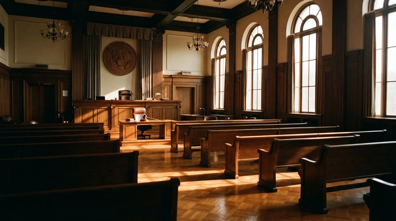 Een lege rechtszaal met houten banken in het ochtendlicht