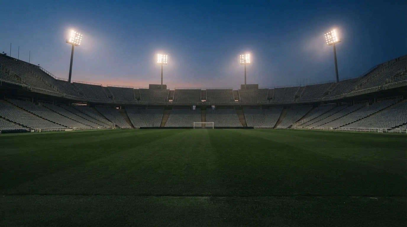 Een leeg voetbalstadion met lichtmasten bij schemering