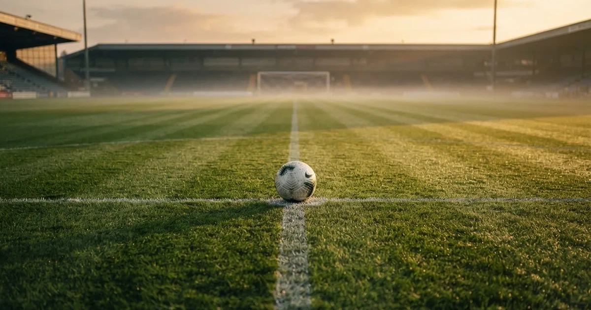 Een voetbal op de middenstip van een grasveld in het ochtendlicht