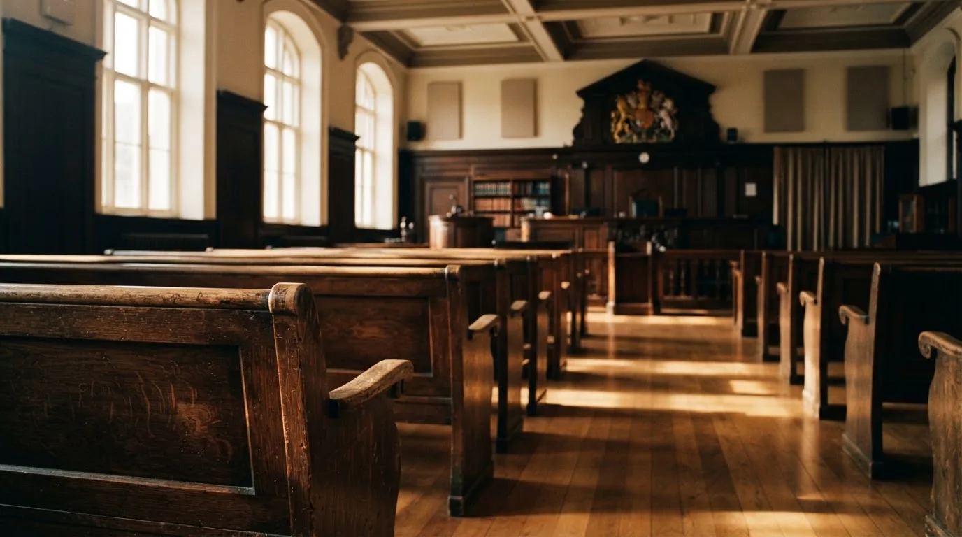 Een lege rechtszaal met houten banken in het ochtendlicht