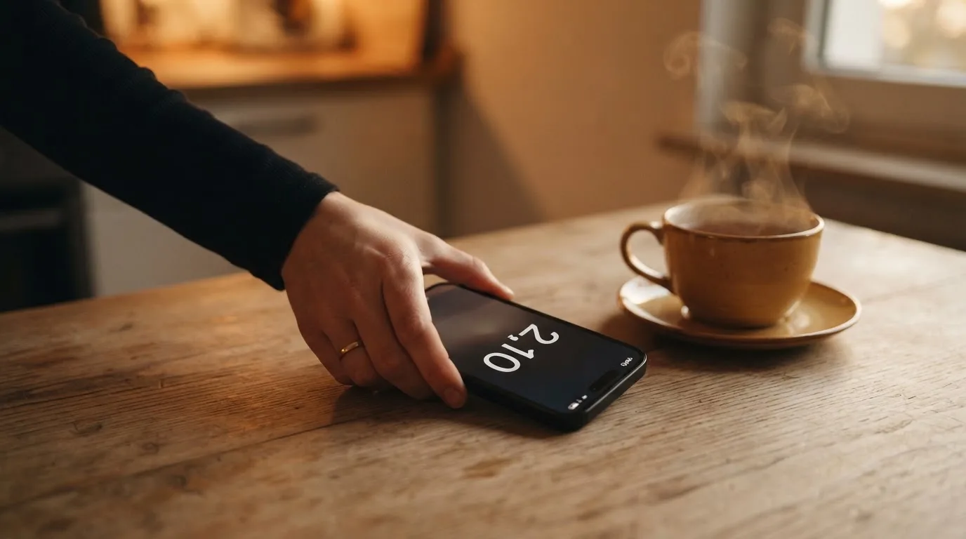 Een hand legt een smartphone naast een kopje thee op een keukentafel, een rustige avond