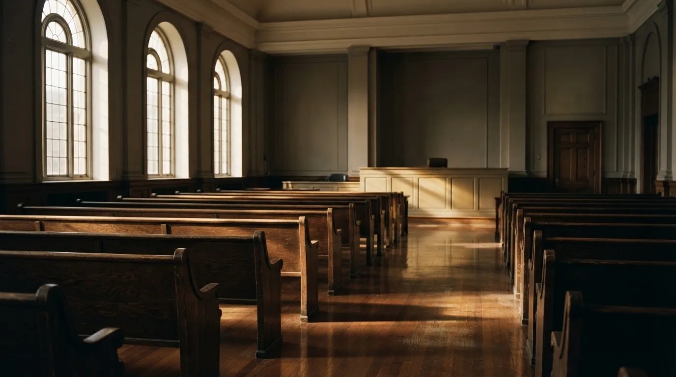 Een lege rechtszaal met houten banken in het ochtendlicht