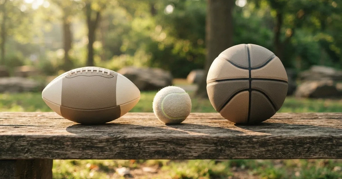 Drie ballen van verschillende soorten naast elkaar op een houten bank