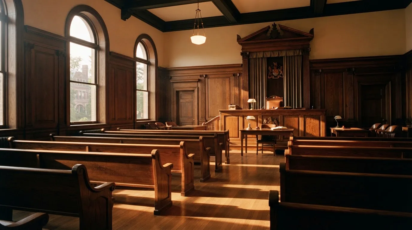 Een lege rechtszaal met houten banken in het ochtendlicht