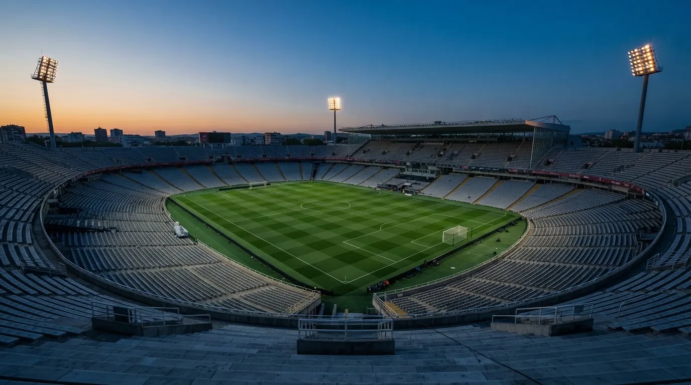 Een leeg voetbalstadion met lichtmasten bij schemering