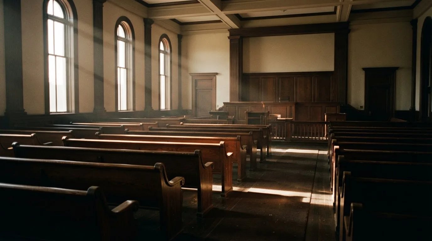 Een lege rechtszaal met houten banken in het ochtendlicht