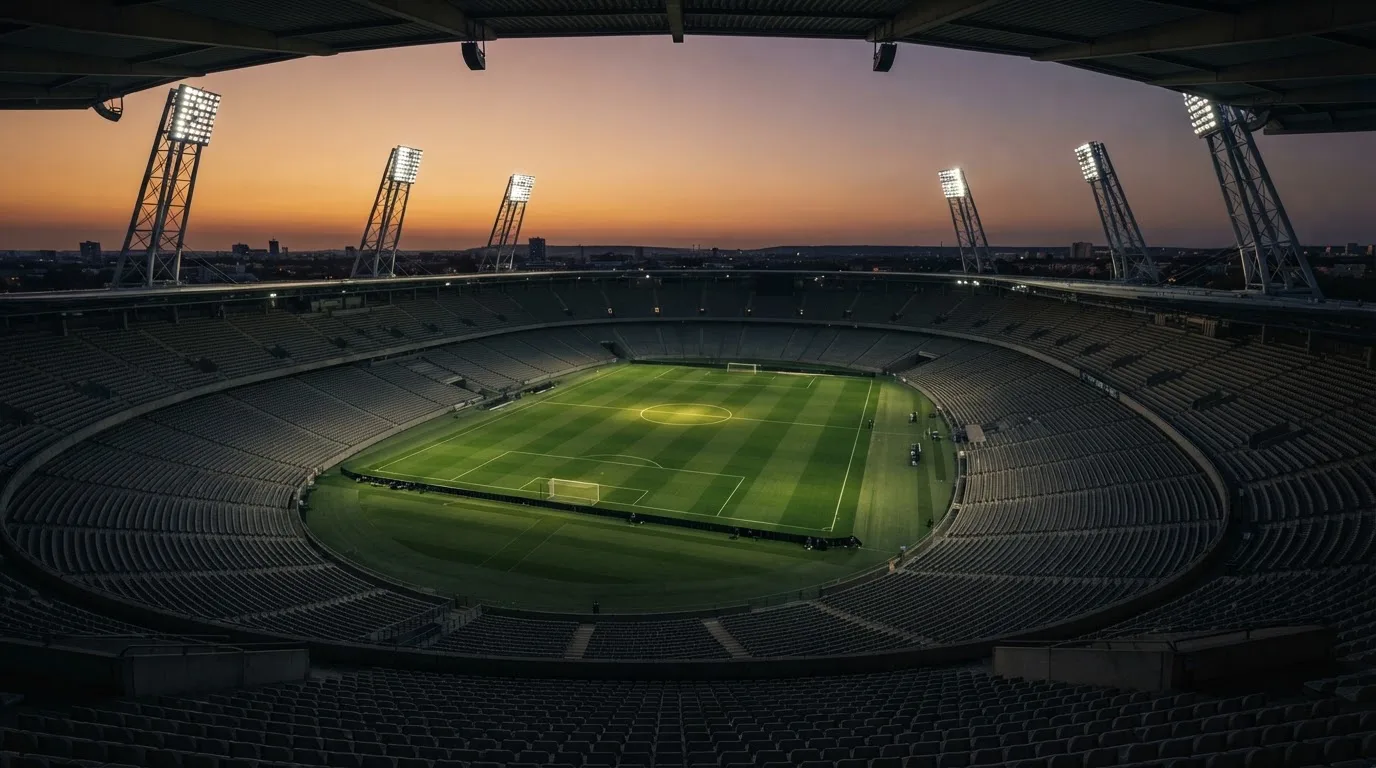 Een leeg voetbalstadion met lichtmasten bij schemering