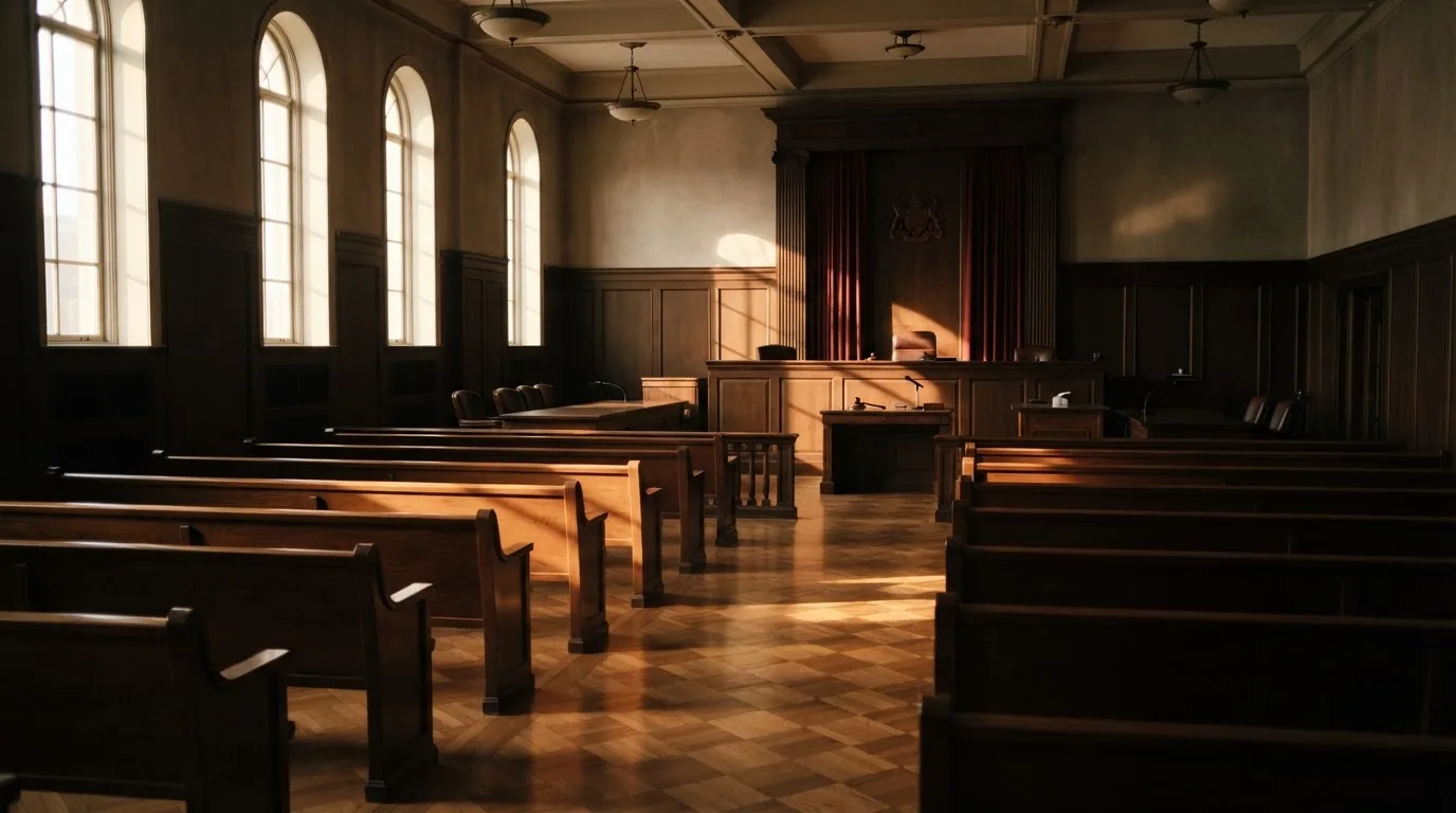 Een lege rechtszaal met houten banken in het ochtendlicht