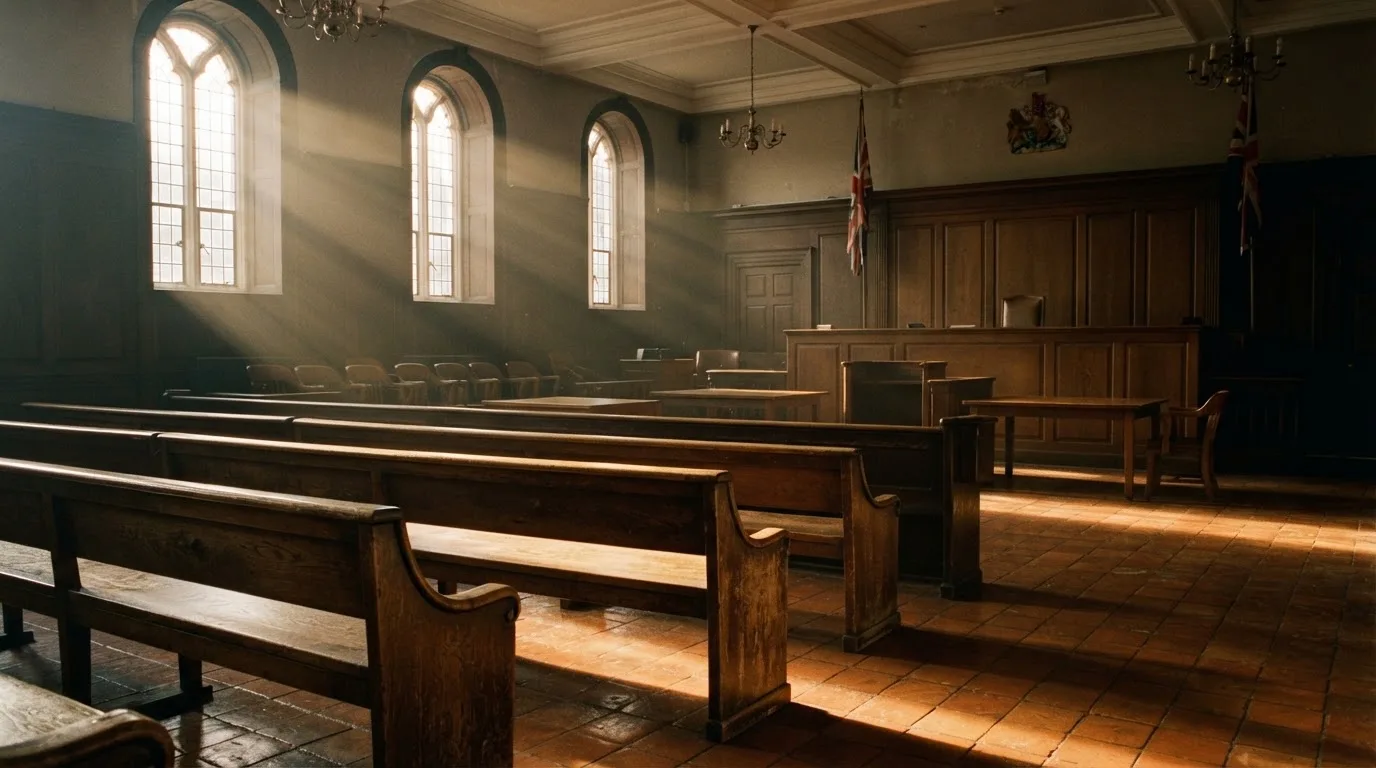 Een lege rechtszaal met houten banken in het ochtendlicht