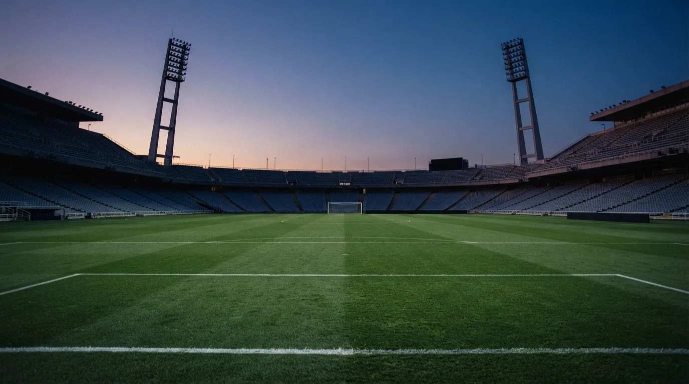 Een leeg voetbalstadion met lichtmasten bij schemering