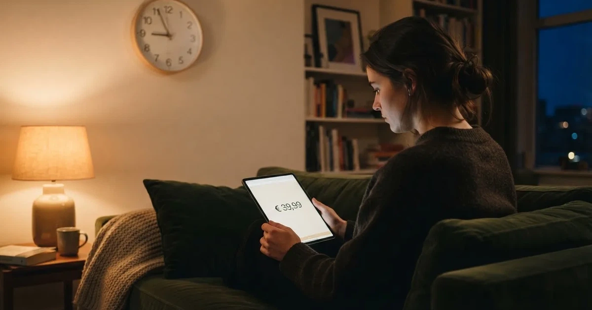 Een persoon op de bank kijkt peinzend naar een tablet, op de achtergrond een klok aan de muur