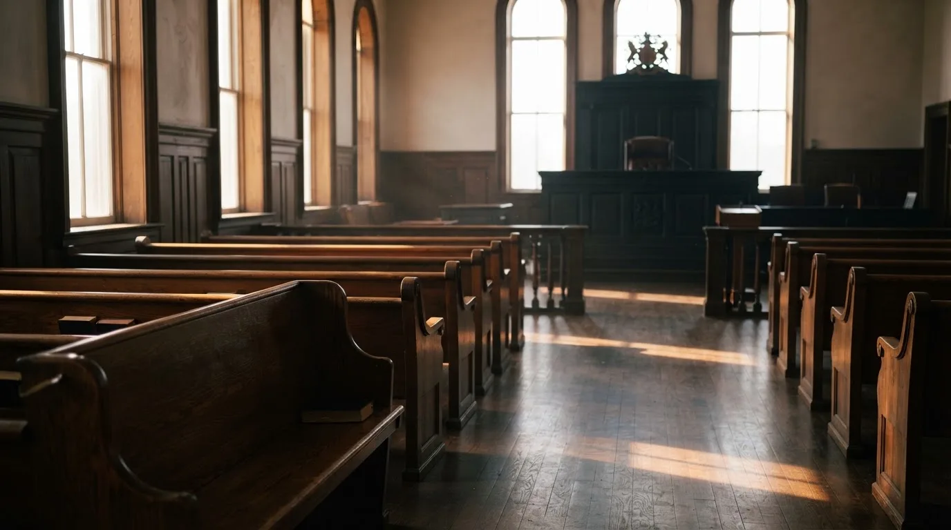 Een lege rechtszaal met houten banken in het ochtendlicht