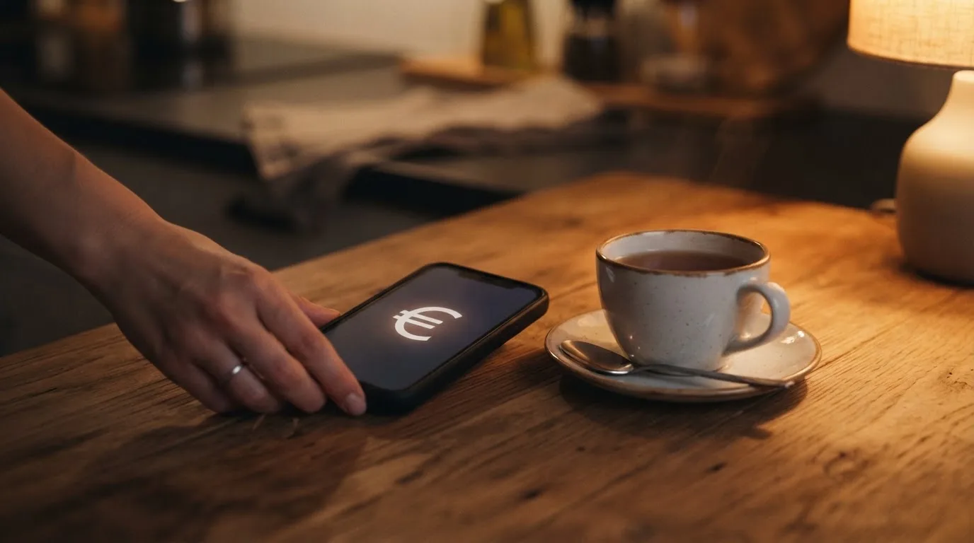 Een hand legt een smartphone naast een kopje thee op een keukentafel, een rustige avond