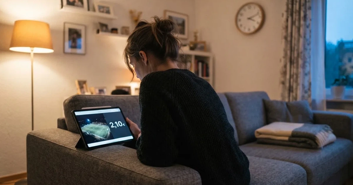 Een persoon op de bank kijkt peinzend naar een tablet, op de achtergrond een klok aan de muur