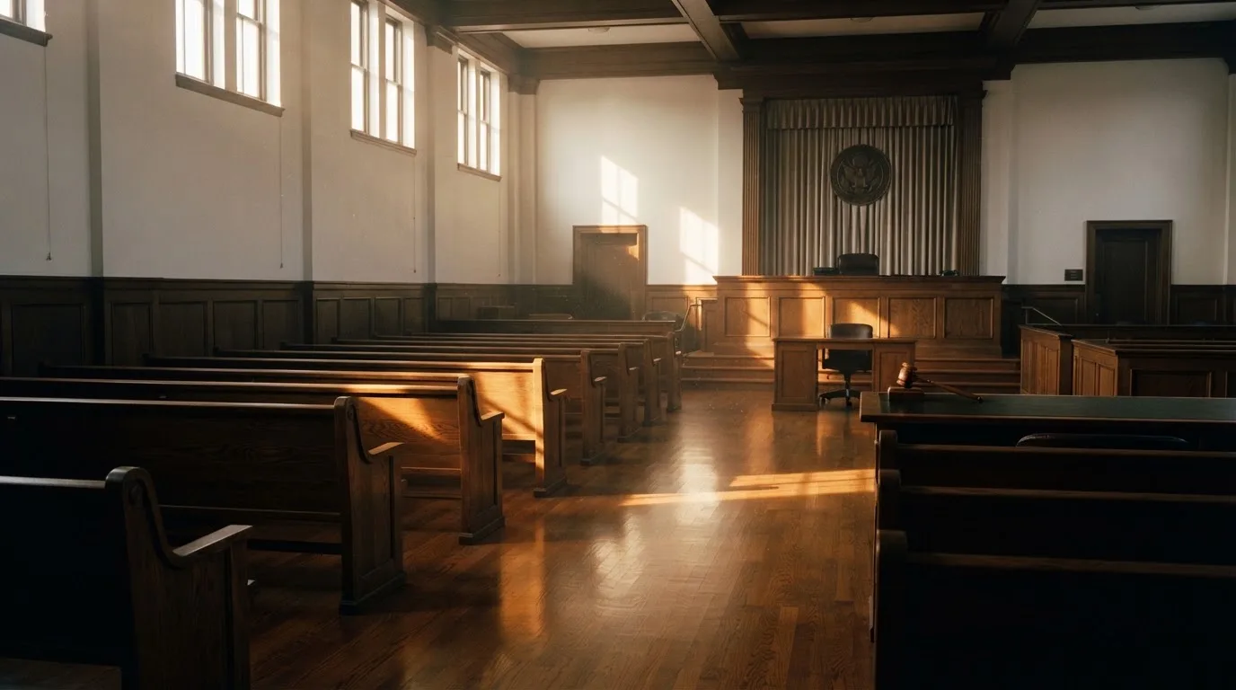 Een lege rechtszaal met houten banken in het ochtendlicht