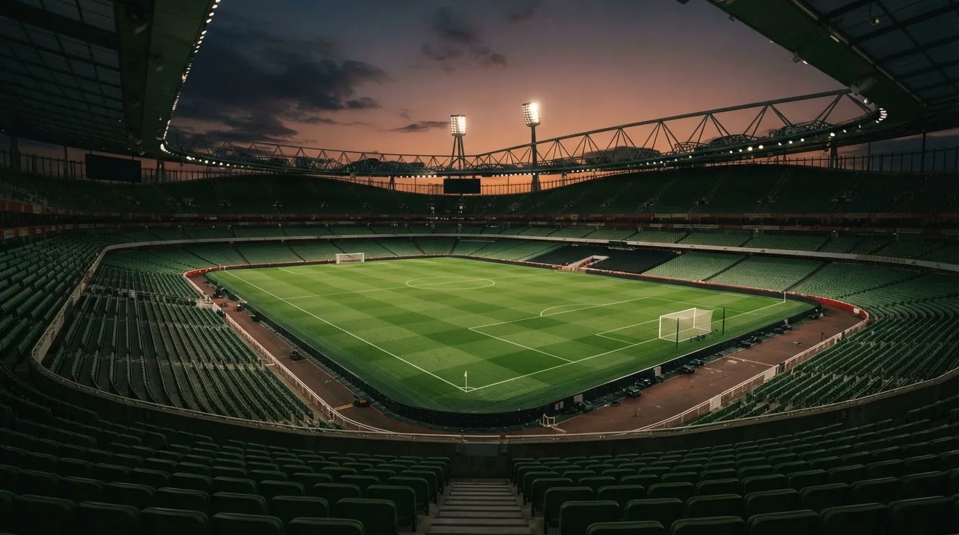 Een leeg voetbalstadion met lichtmasten bij schemering