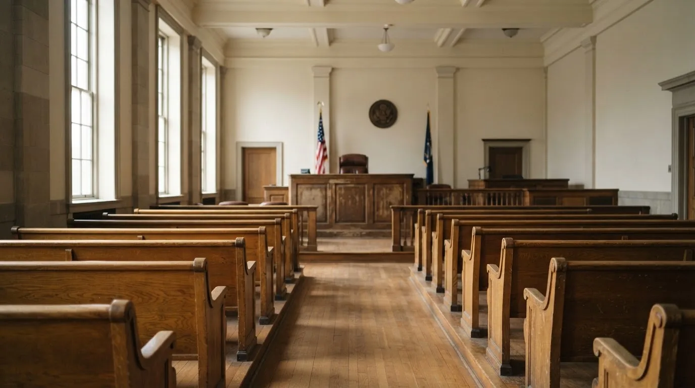 Een lege rechtszaal met houten banken in het ochtendlicht