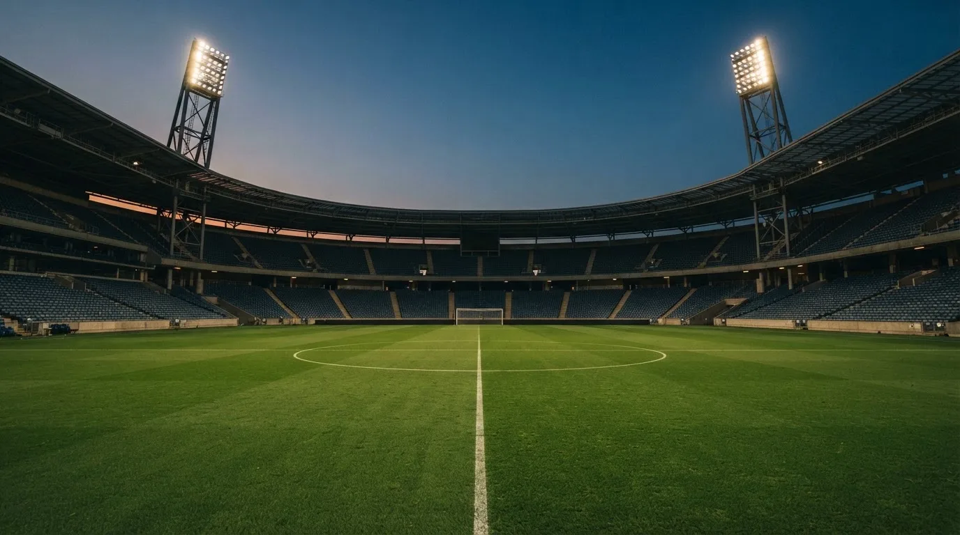 Een leeg voetbalstadion met lichtmasten bij schemering
